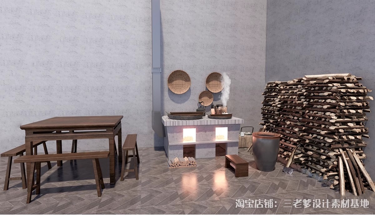 图片[18]-农村乡村农家乐旧厨房炉灶土灶台柴火灶泥土大锅灶SU模型草图大师-大怪兽分享