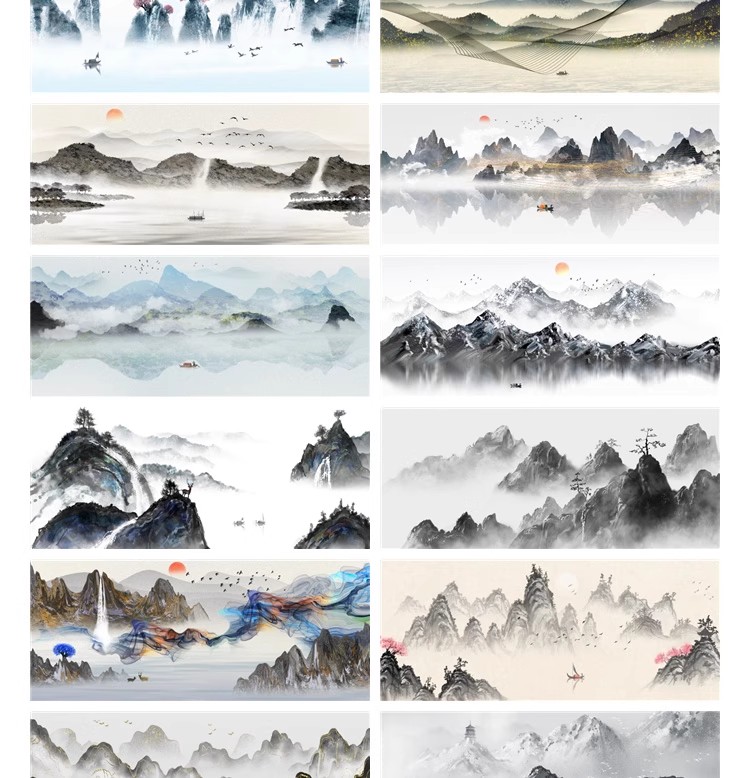 图片[9]-国风山水小船高山河流展板装饰插画挂画海报背景PSD设计素材模板-大怪兽分享