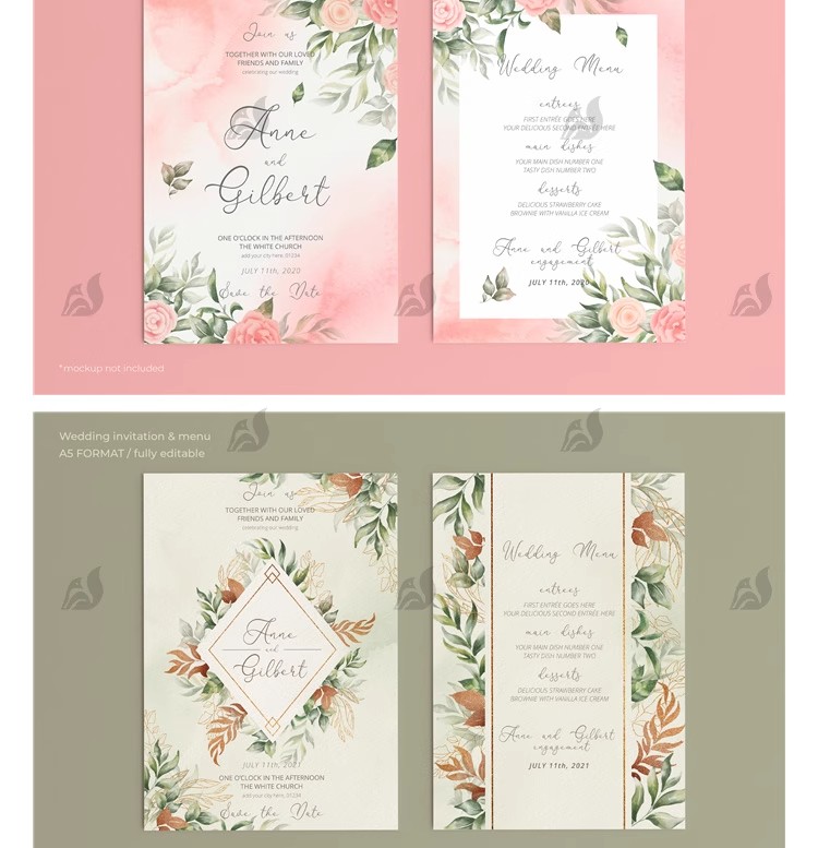 图片[14]-手绘唯美花纹简约婚礼请柬邀请函卡片生日海报PSD设计素材AI模板-大怪兽分享