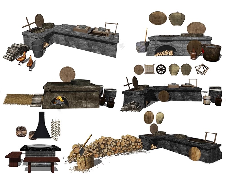 图片[29]-农村乡村农家乐旧厨房炉灶土灶台柴火灶泥土大锅灶SU模型草图大师-大怪兽分享