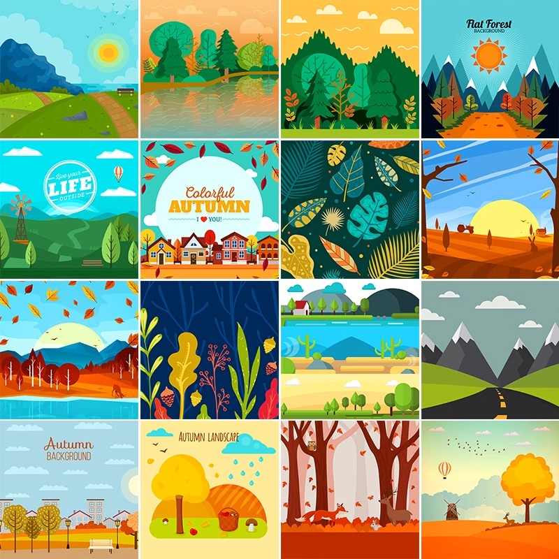 卡通扁平化森林树林植物旅游风景背景插画AI矢量图设计素材模板-大怪兽分享