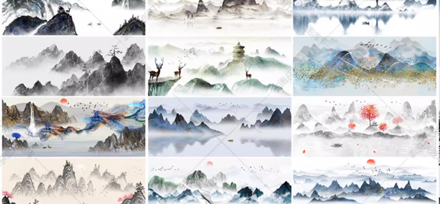 图片[4]-中国风水墨山水国画意境大气山川河流牡丹装饰插画AI矢量PSD素材-大怪兽分享