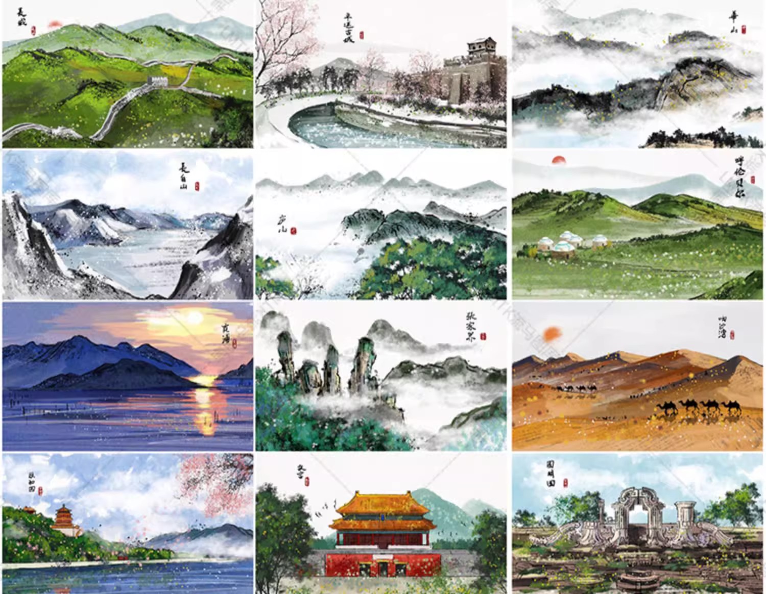 图片[10]-中国风水墨山水国画意境大气山川河流牡丹装饰插画AI矢量PSD素材-大怪兽分享