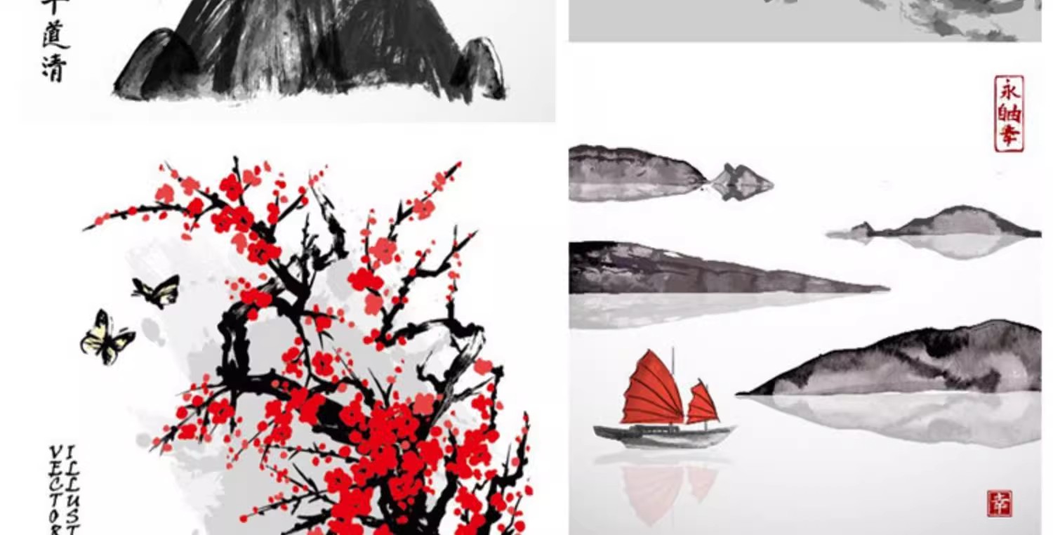 图片[20]-中国风水墨山水国画意境大气山川河流牡丹装饰插画AI矢量PSD素材-大怪兽分享
