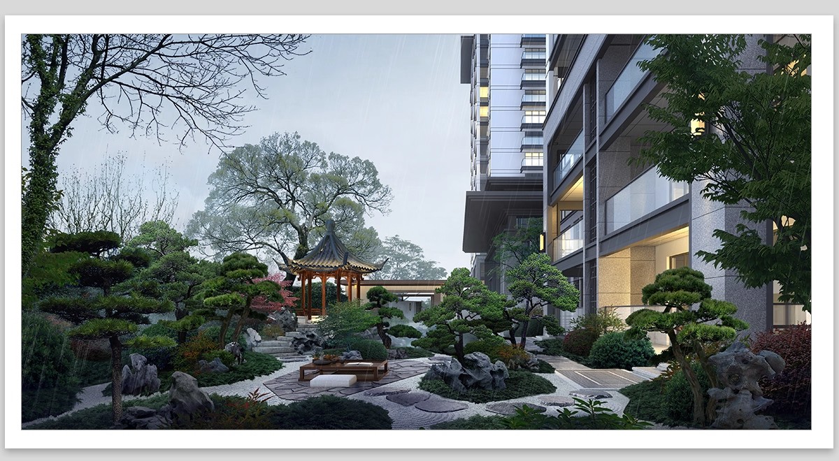 庭院景观效果图PS素材新中式日式源文件PSD分层江南古典鸟瞰图-大怪兽分享