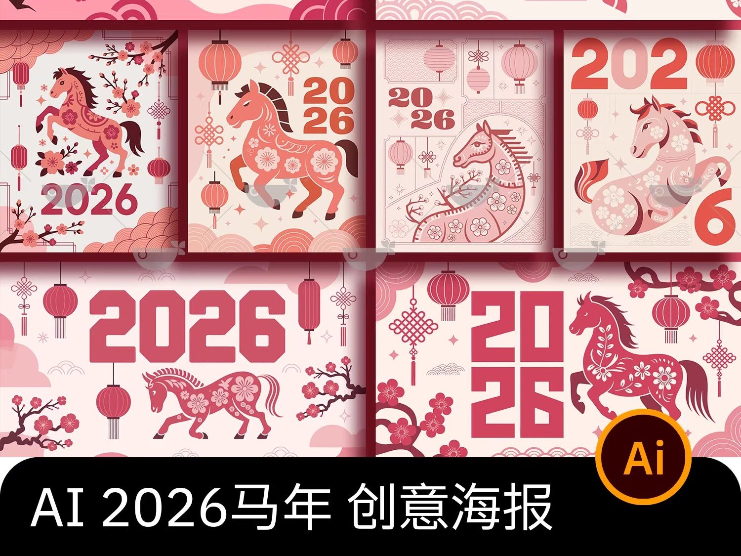 2026马年新年快乐创意几何艺术剪纸风插画海报展板ai矢量设计素材-大怪兽分享