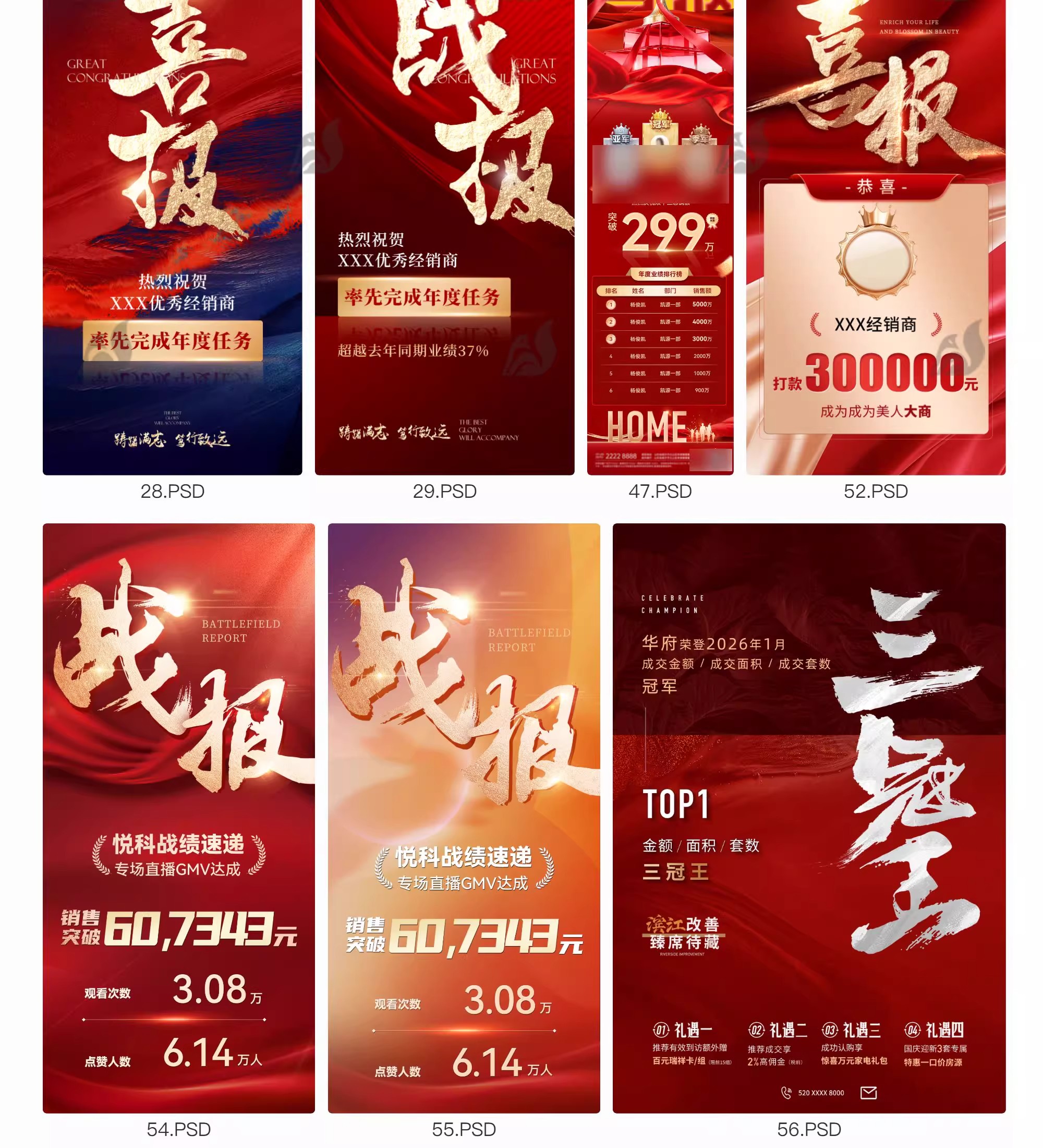 图片[7]-房地产企业销售年终业绩荣誉榜战报喜报红色系列电商海报PSD模板-大怪兽分享